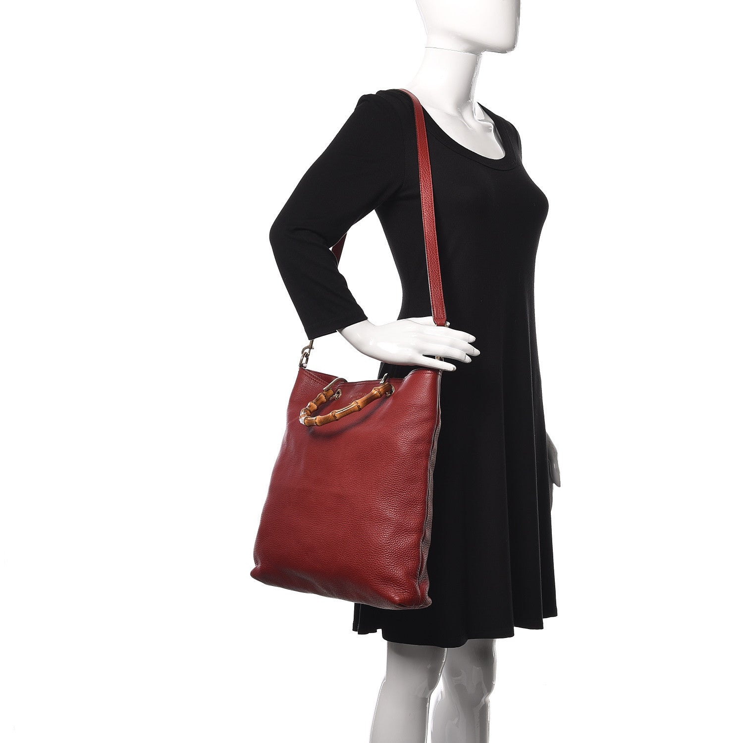 Gucci Pebbled Calfskin Bamboo Shopper Tote Red 3 of 13