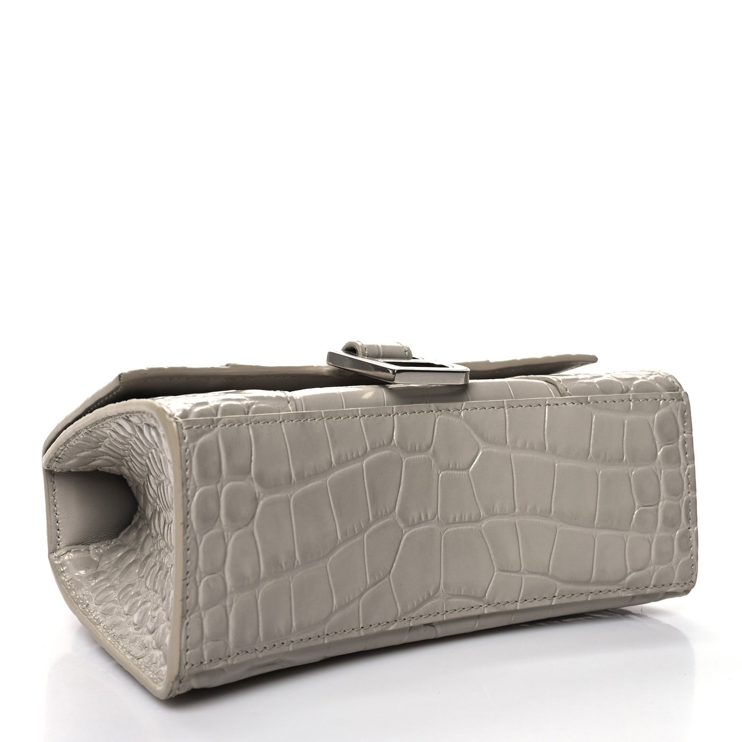 Shiny Calfskin Crocodile Embossed Hourglass Top Handle Bag XS Cold Beige