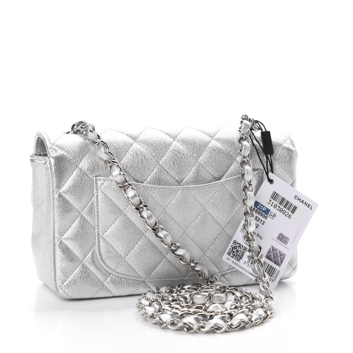 Metallic Lambskin Quilted Mini Rectangular Flap Silver