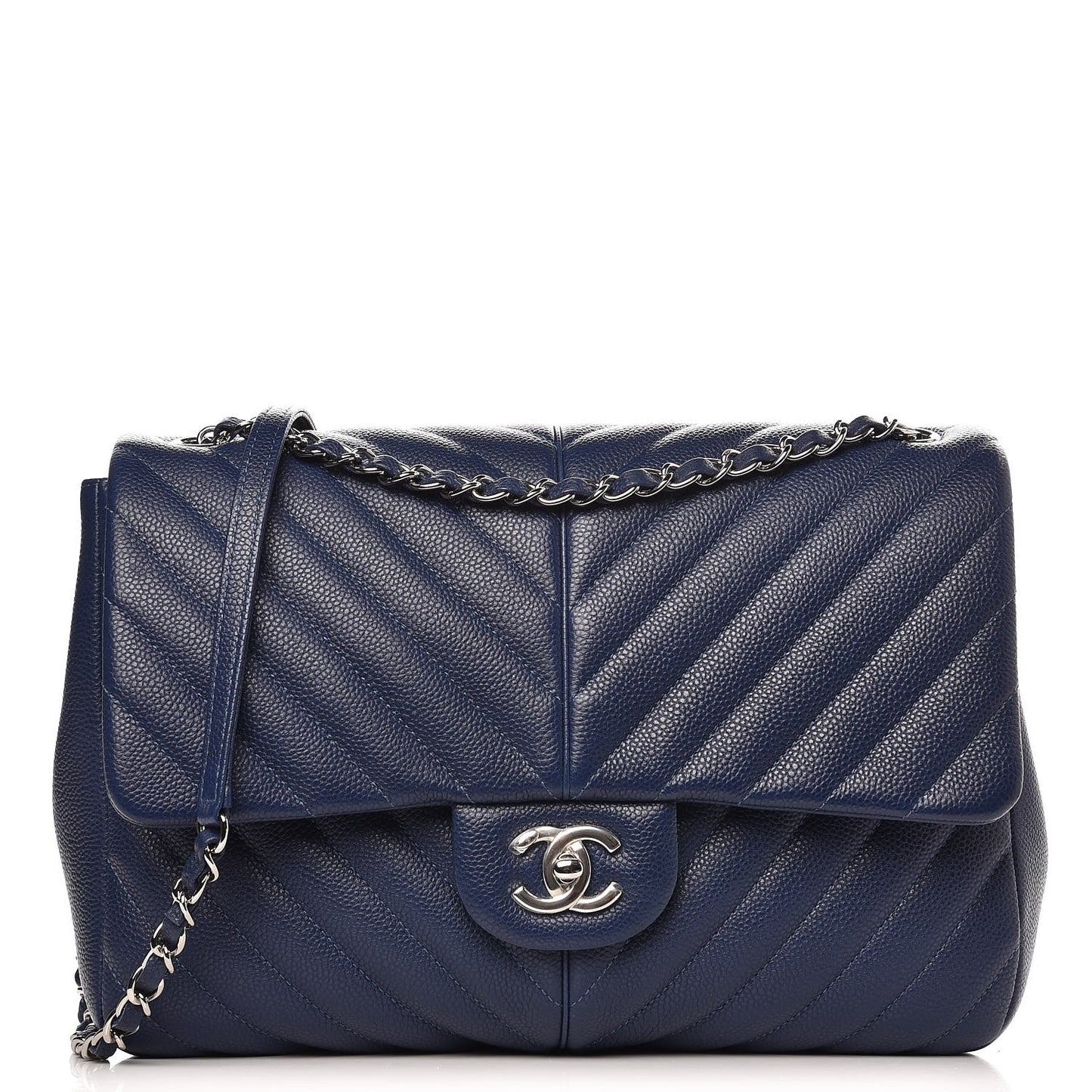 Caviar Chevron Large Puffy CC Flap Navy