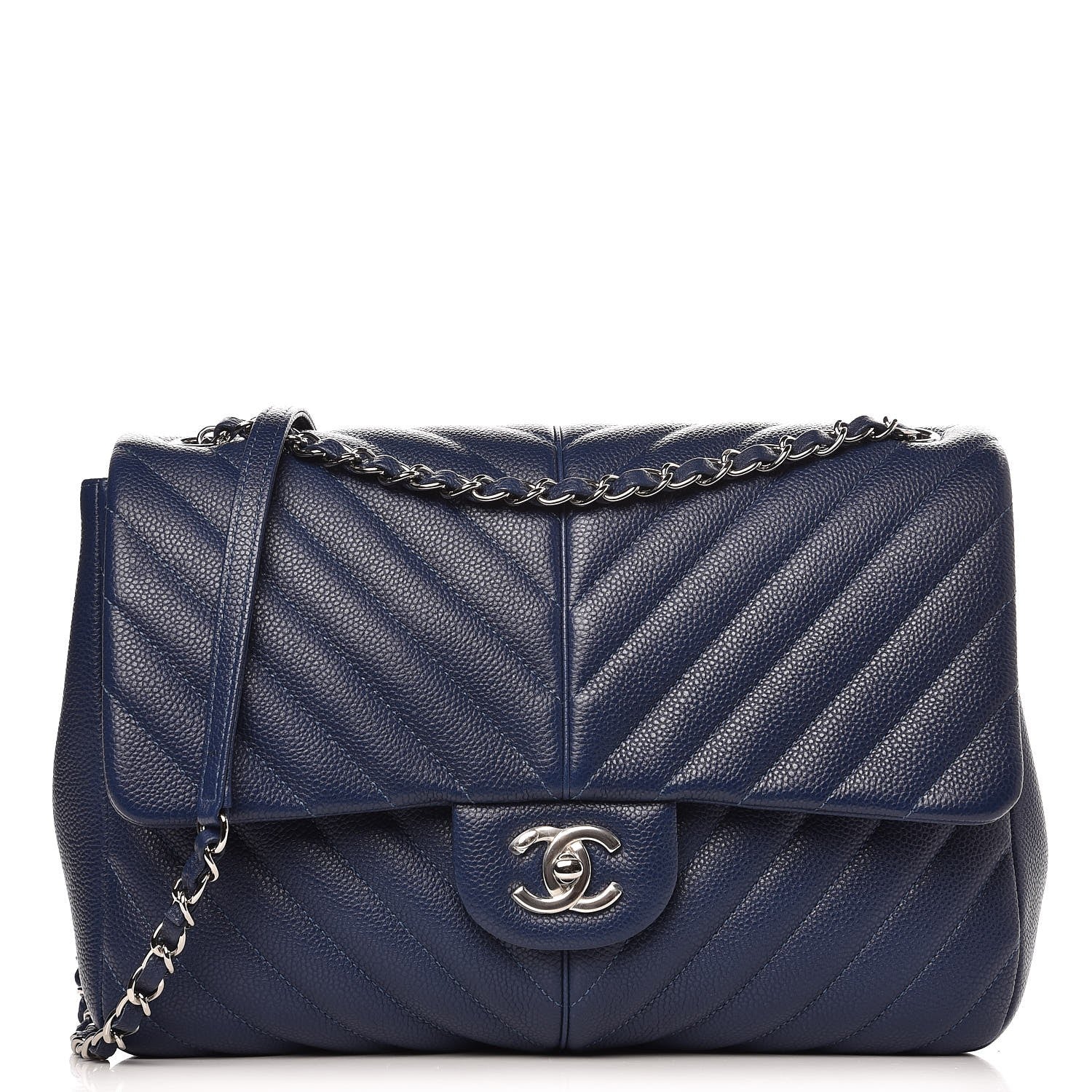 Chanel Caviar Chevron Large Puffy CC Flap Navy 1 of 8