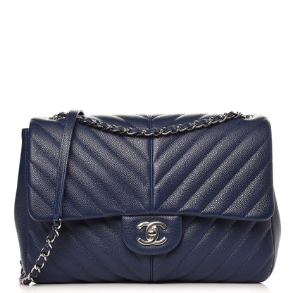 Chanel Caviar Chevron Large Puffy CC Flap Navy 1 of 8