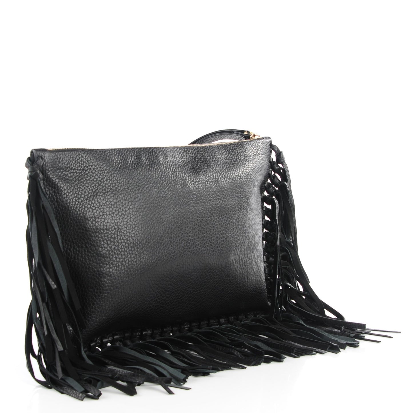 Grained Calfskin Rockee Fringe Clutch Black