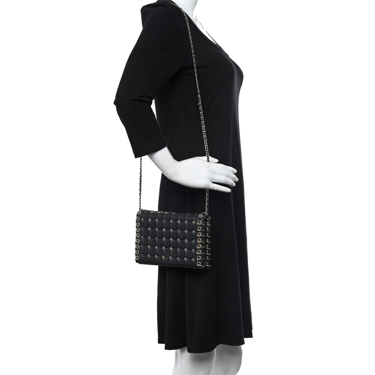Lambskin Chocolate Bar Piercing CC Studded Small Chain Flap Bag Black