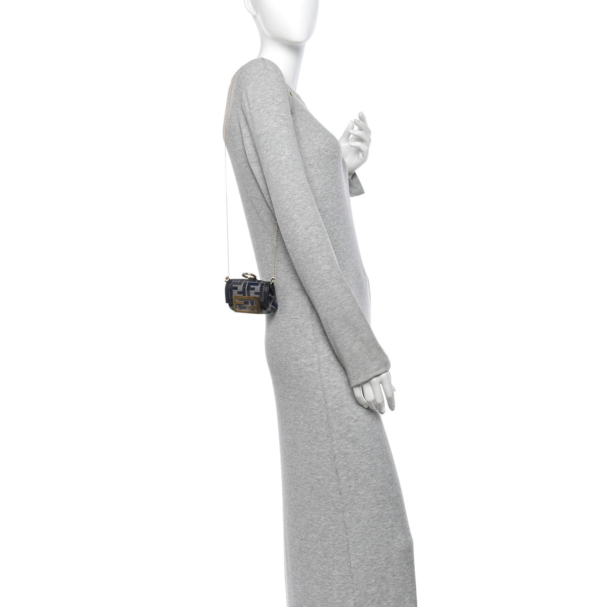 Fendi Fabric Vitello Jacquard FF Nano Maxi Buckle Baguette Charm Blue Grey 3 of 19