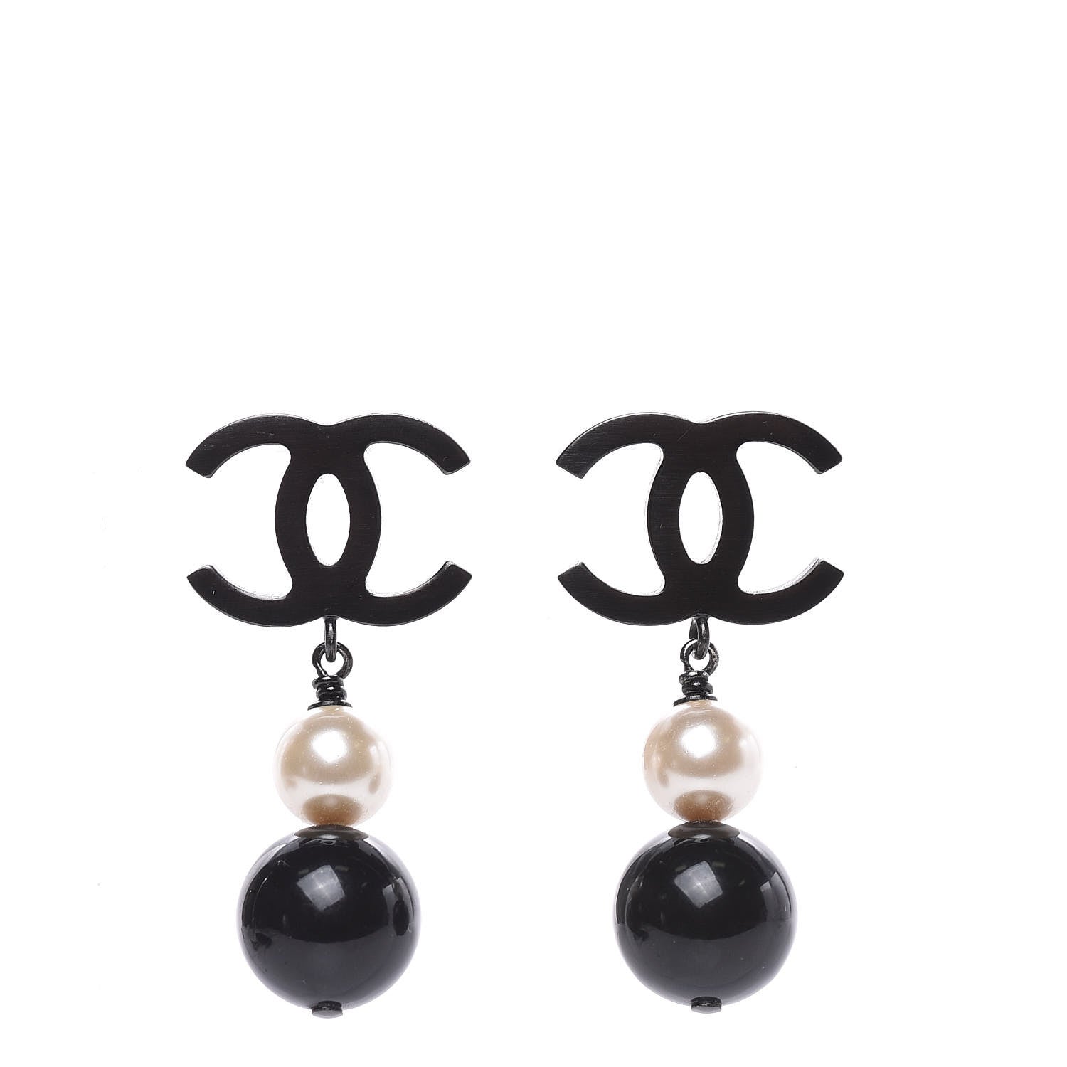 Chanel Ruthenium Pearl Bead CC Drop Earrings Black 1 of 5