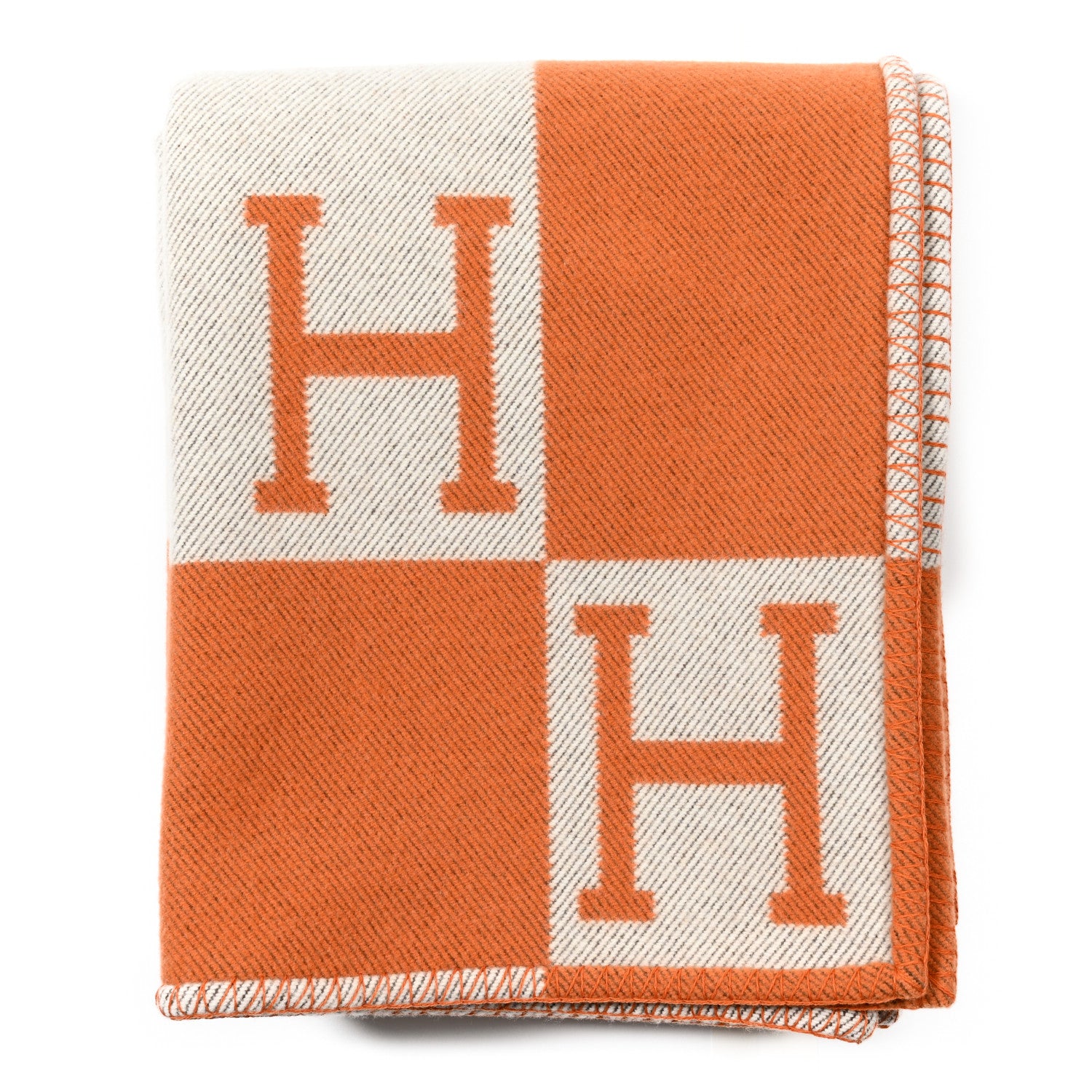 Hermes Wool Cashmere Signature Classic Avalon Blanket Ecru Potiron 1 of 3