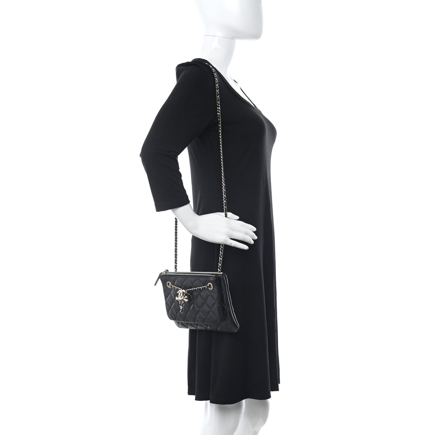 Shiny Lambskin Quilted Medium Double Case With Strap Black