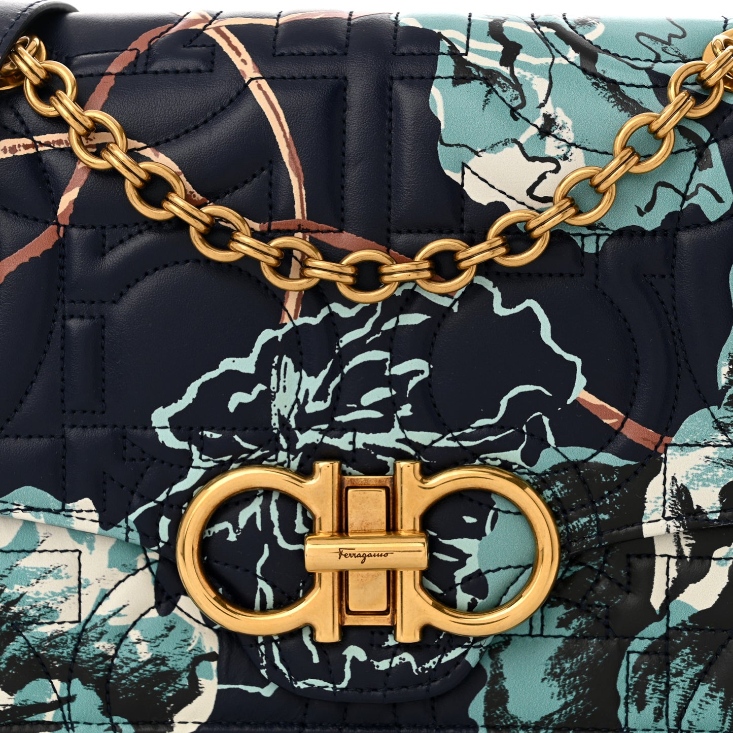 Calfskin Quilted Floral Printed Gancini Flap Bag Blue Multicolor