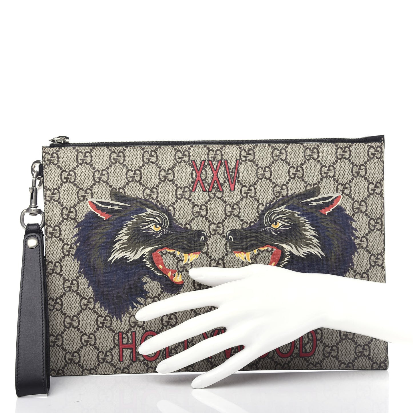 GG Supreme Monogram Wolf Zip Wristlet Pouch Beige