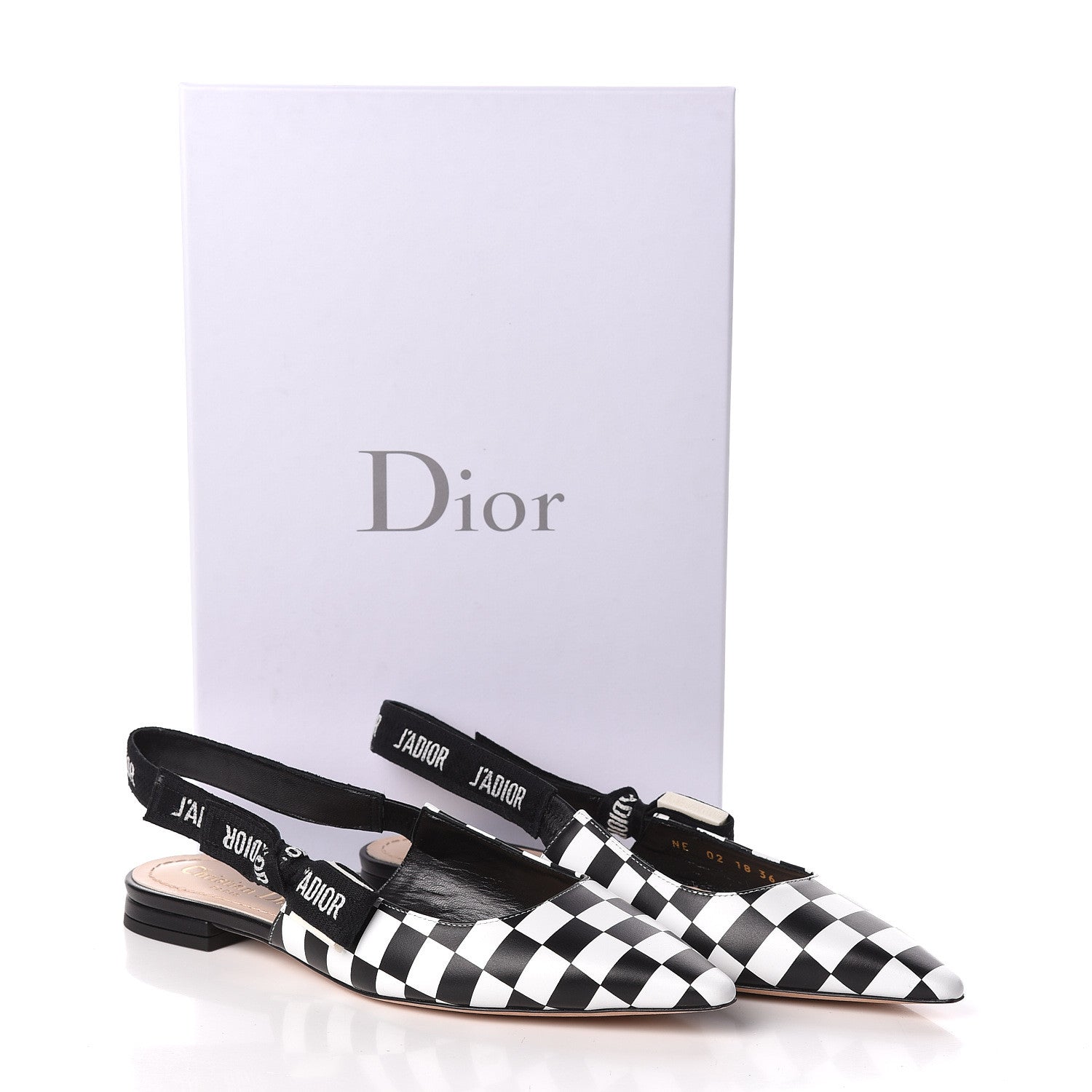 Christian Dior Calfskin Ribbon Checker Print J'Adior Slingback Ballet Flats 36 Black White 8 of 8
