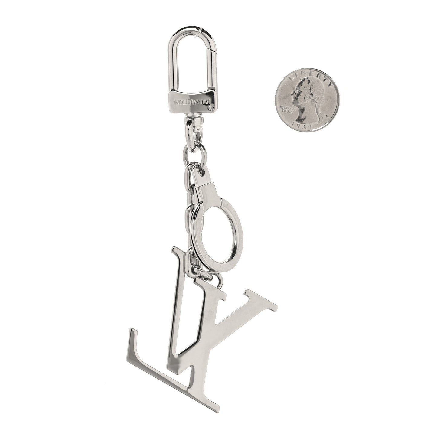 Metal Palladiium Finish LV Initiales Bag Charm Key Holder Silver