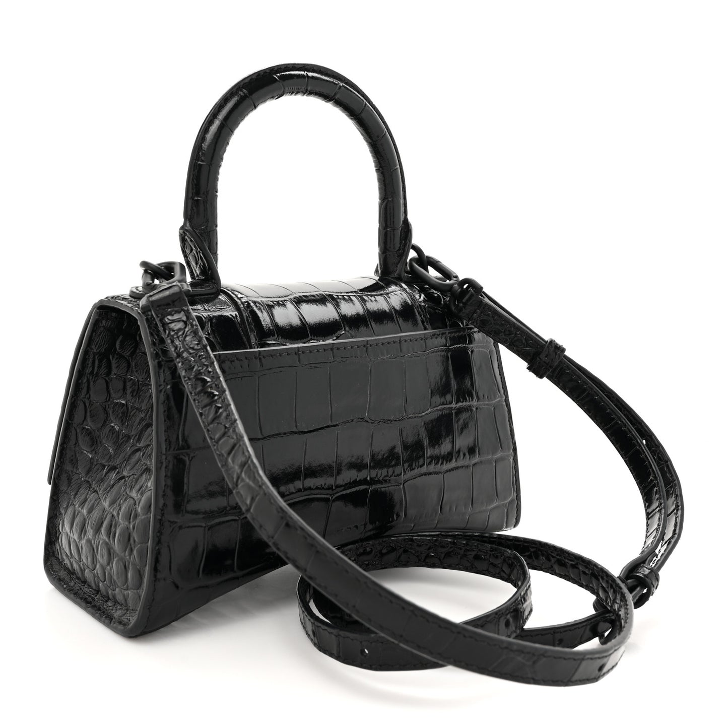 Shiny Calfskin Monochrome Crocodile Embossed Hourglass Top Handle Bag XS Black