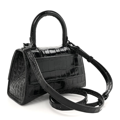 Balenciaga Shiny Calfskin Monochrome Crocodile Embossed Hourglass Top Handle Bag XS Black 3 of 11