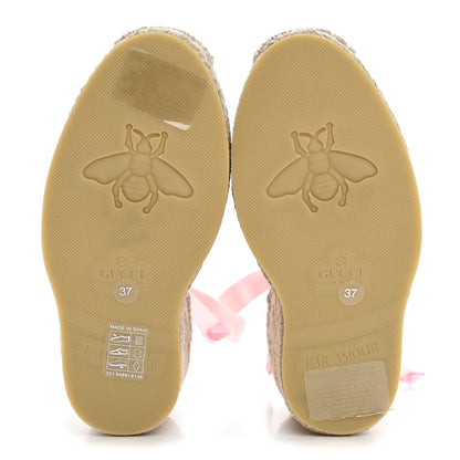 Gucci Canvas Grossgrain Embroidered Judit Ankle Wrap Platform 35/120mm Espadrille Wedges 37 White Shell 6 of 10