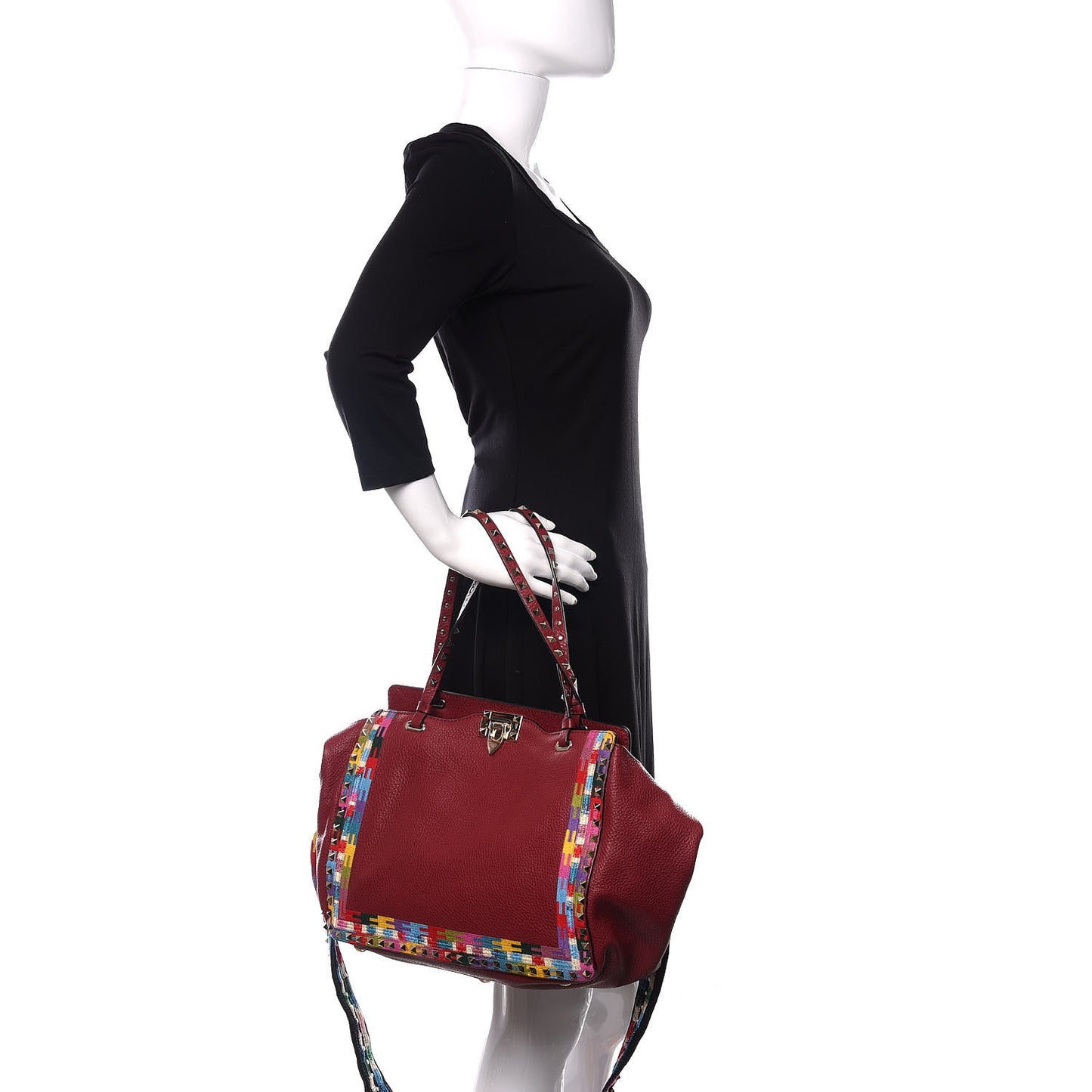 Grained Calfskin Embroidered Medium Rockstud Rolling Tote Red
