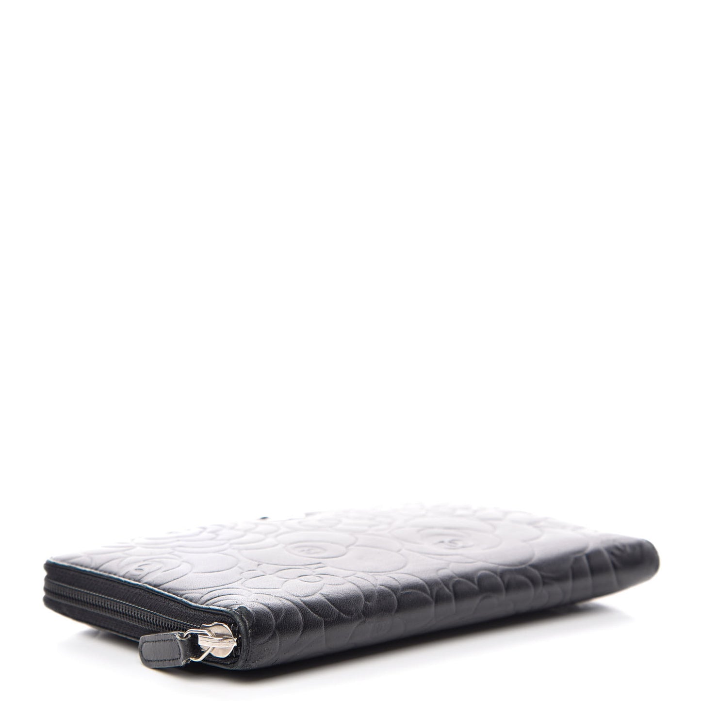 Lambskin Camellia Embossed Zip Around Organizer Wallet Black