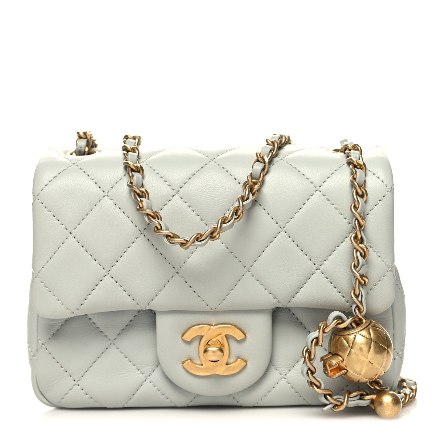 Lambskin Quilted Mini Pearl Crush Flap Light Grey