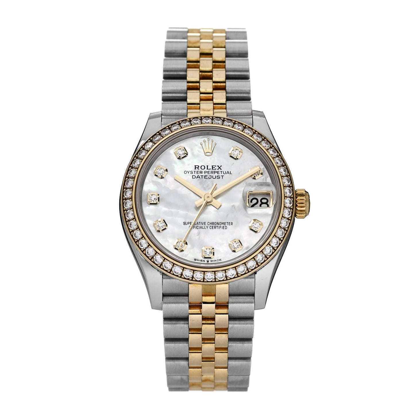 Stainless Steel 18K Yellow Gold Diamond Bezel Mother of Pearl 31mm Oyster Perpetual Datejust Watch 278383RBR