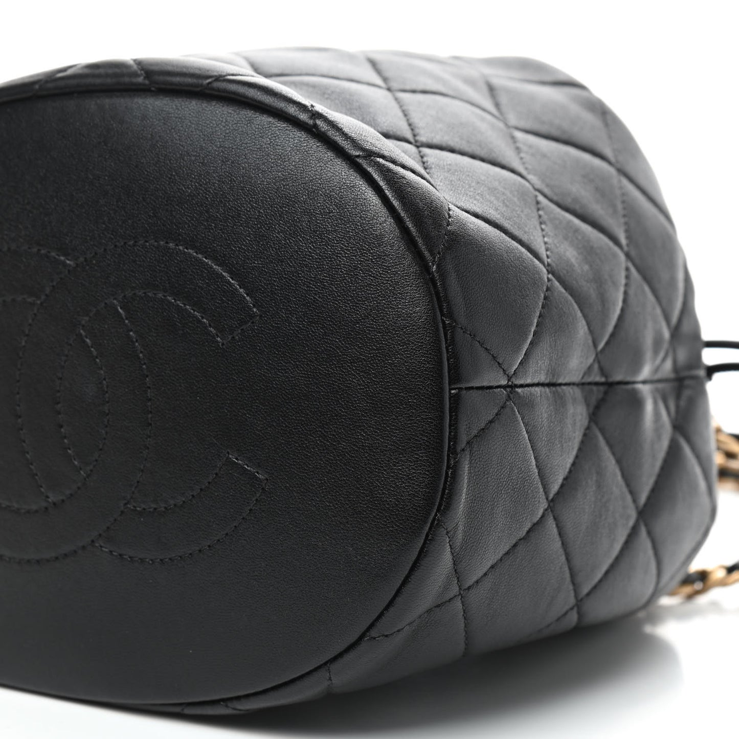 Shiny Lambskin Quilted Chain Is More Drawstring Bag Black