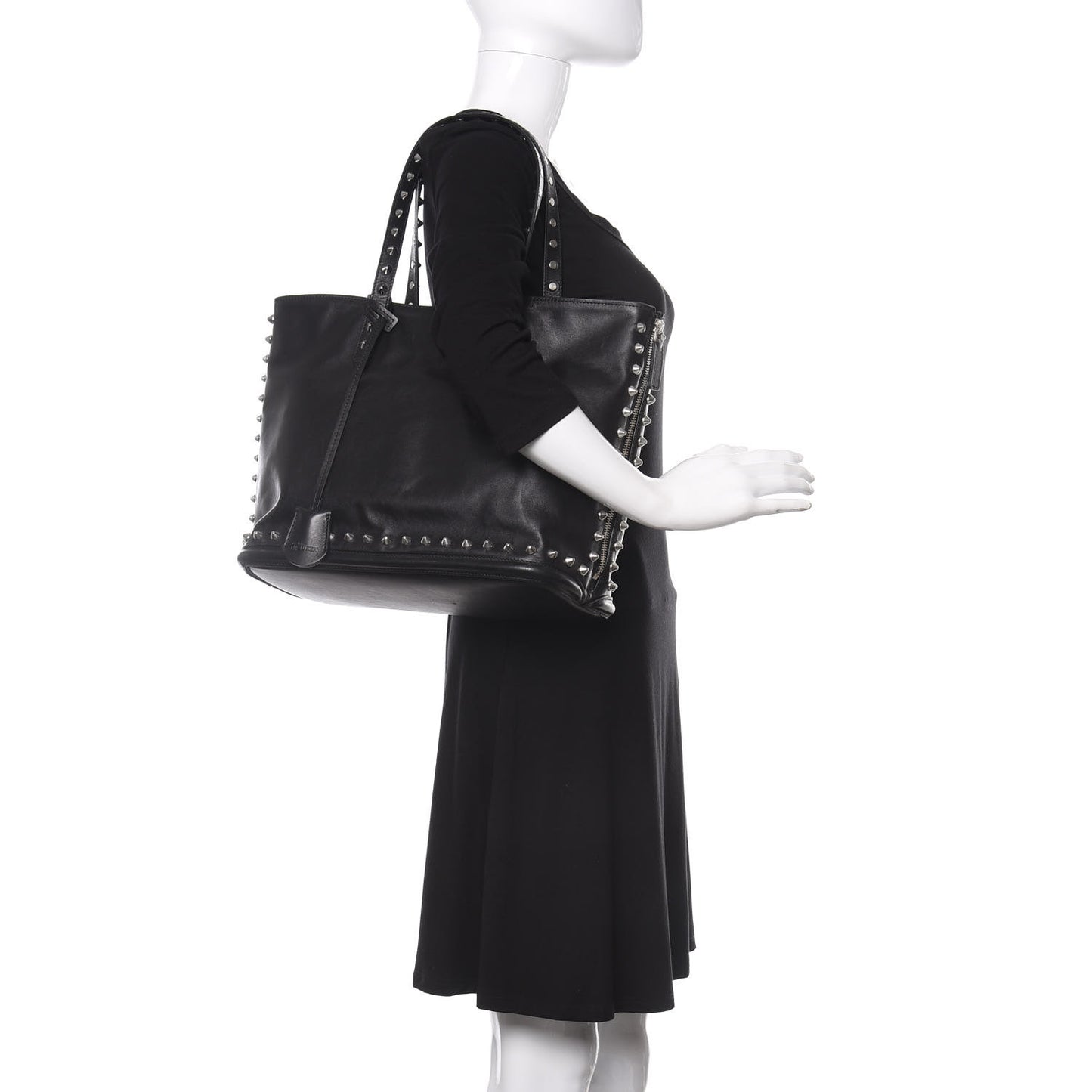 Pebbled Calfskin Skull Studded Padlock Tote Black