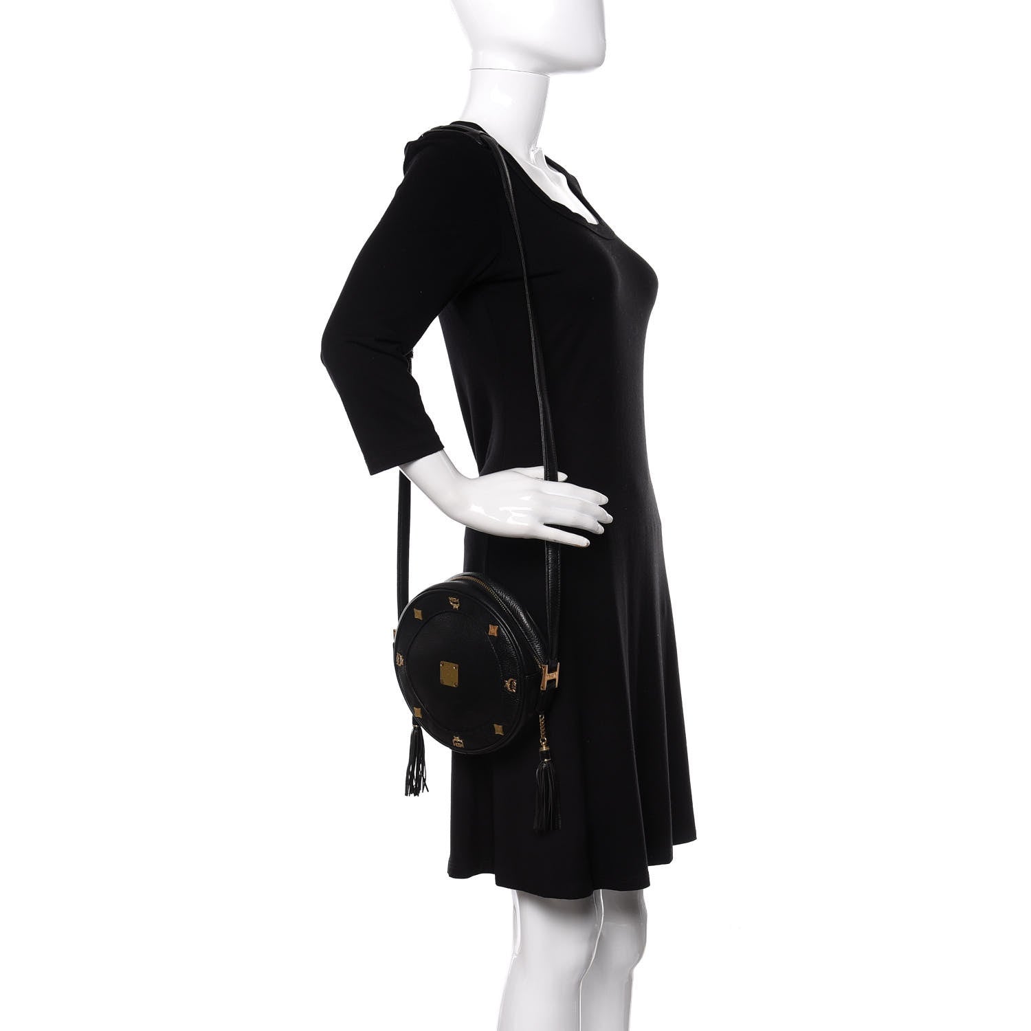 MCM Grained Calfskin Studded Heritage Tambourine Black 2 of 10