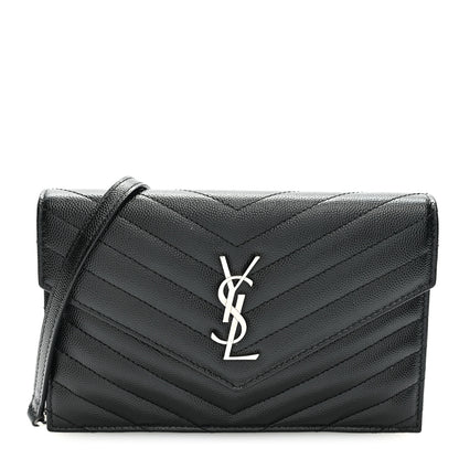 Saint Laurent Grain De Poudre Matelasse Chevron Monogram Envelope Chain Wallet Black 1 of 10