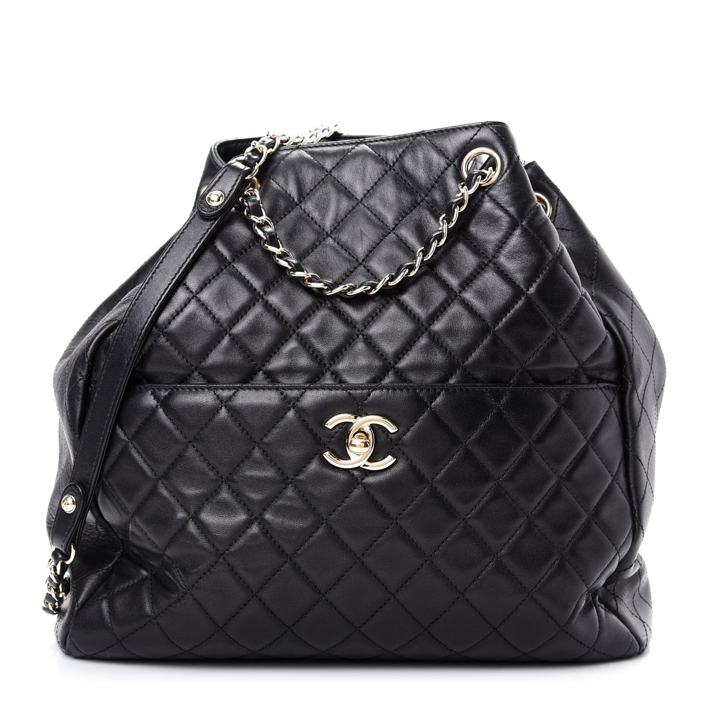 Lambskin Quilted Large Drawstring Bag Black