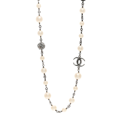 Chanel Pearl Crystal CC Beaded Ball Long Necklace Silver White 1 of 7