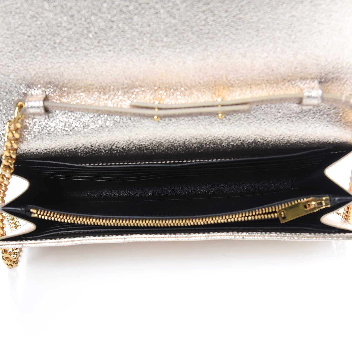 Metallic Crackled Calfskin Matelasse Chevron Monogram Chain Wallet Gold