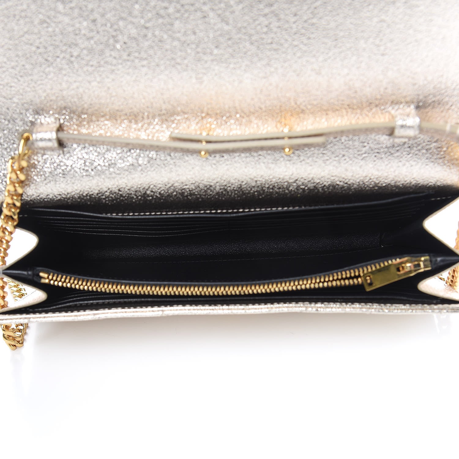 Saint Laurent Metallic Crackled Calfskin Matelasse Chevron Monogram Chain Wallet Gold 5 of 9