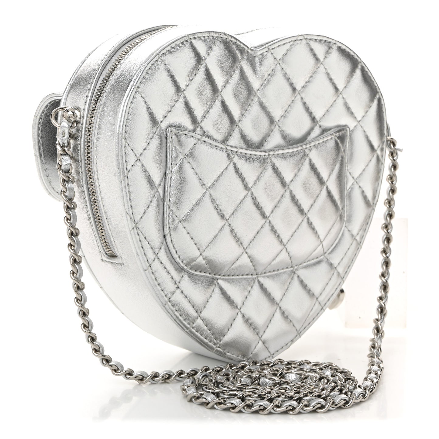 Metallic Lambskin Quilted Large CC In Love Heart Bag Silver