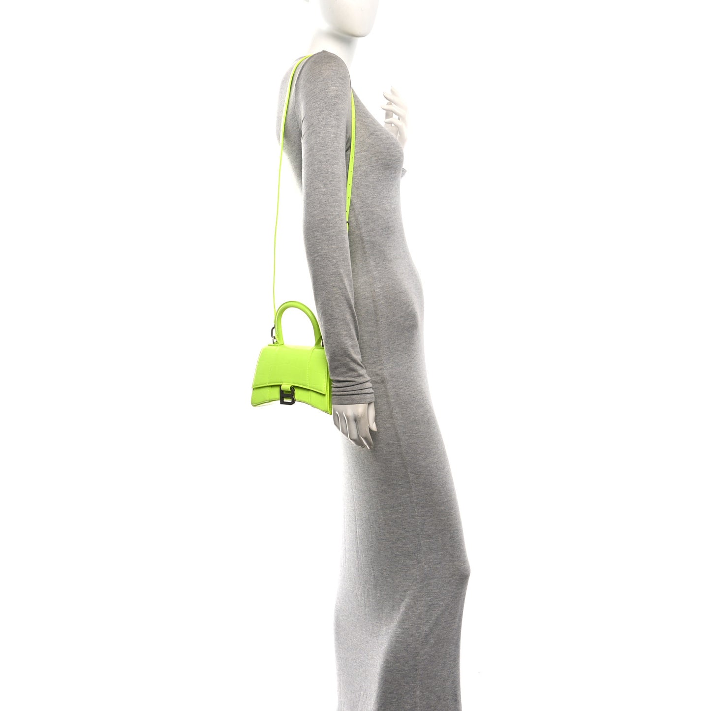 Shiny Calfskin Crocodile Embossed Hourglass Top Handle Bag XS Fluo Yellow
