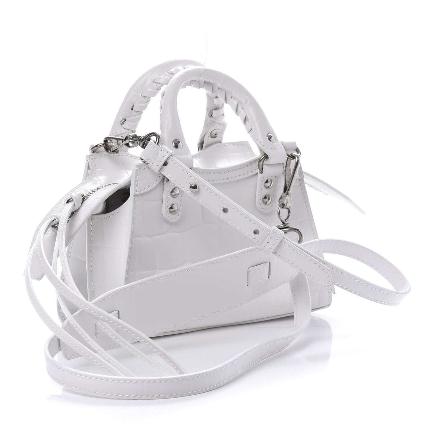 Semi Shiny Calfskin Crocodile Embossed Neo Classic Silver Hardware Mini City White