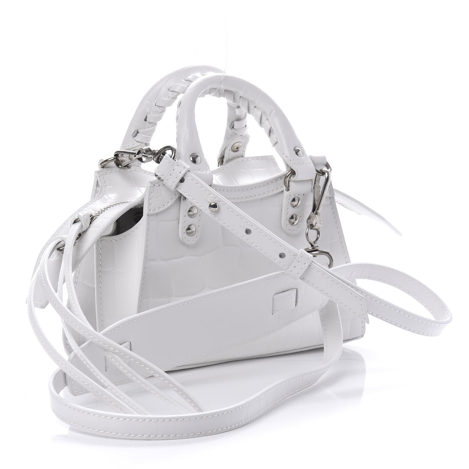 Balenciaga Semi Shiny Calfskin Crocodile Embossed Neo Classic Silver Hardware Mini City White 3 of 9