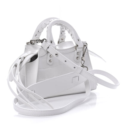 Balenciaga Semi Shiny Calfskin Crocodile Embossed Neo Classic Silver Hardware Mini City White 3 of 9