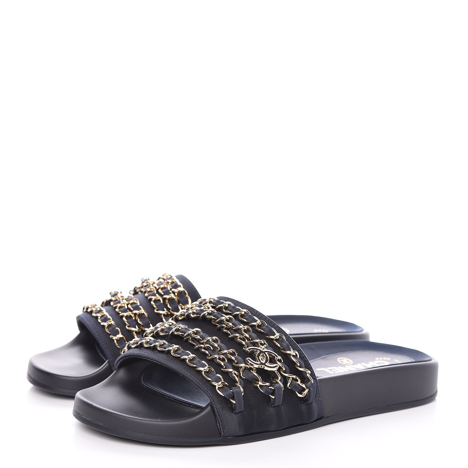 Chanel Satin Chain Slides Sandals Flats 37 Marine 3 of 11