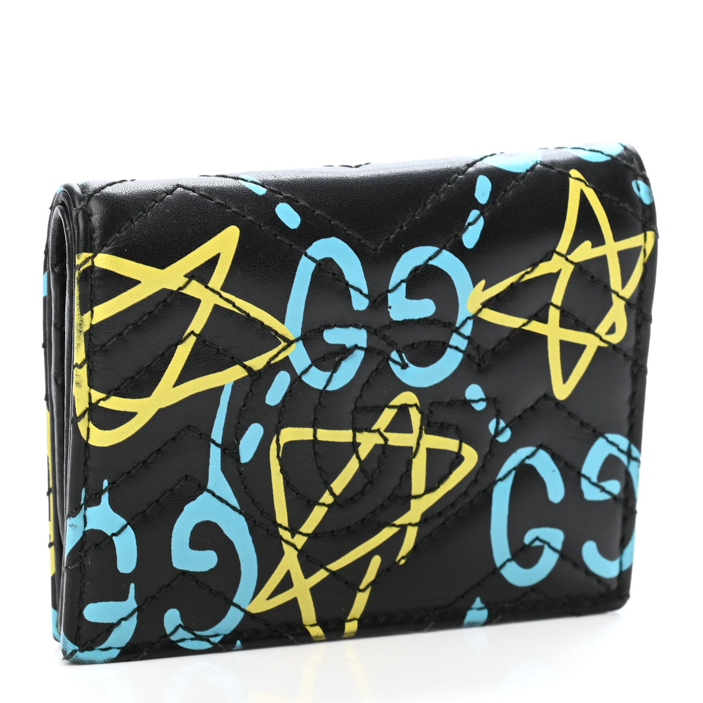 Calfskin Matelasse GucciGhost GG Marmont Card Case Wallet Black New Acquamarine
