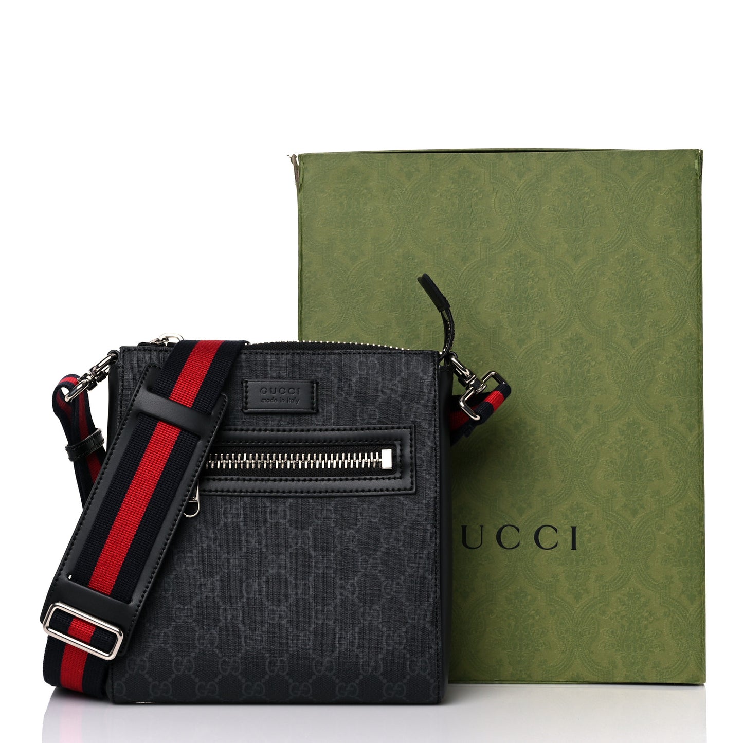 GG Supreme Monogram Web Small Flat Messenger Bag Black Grey