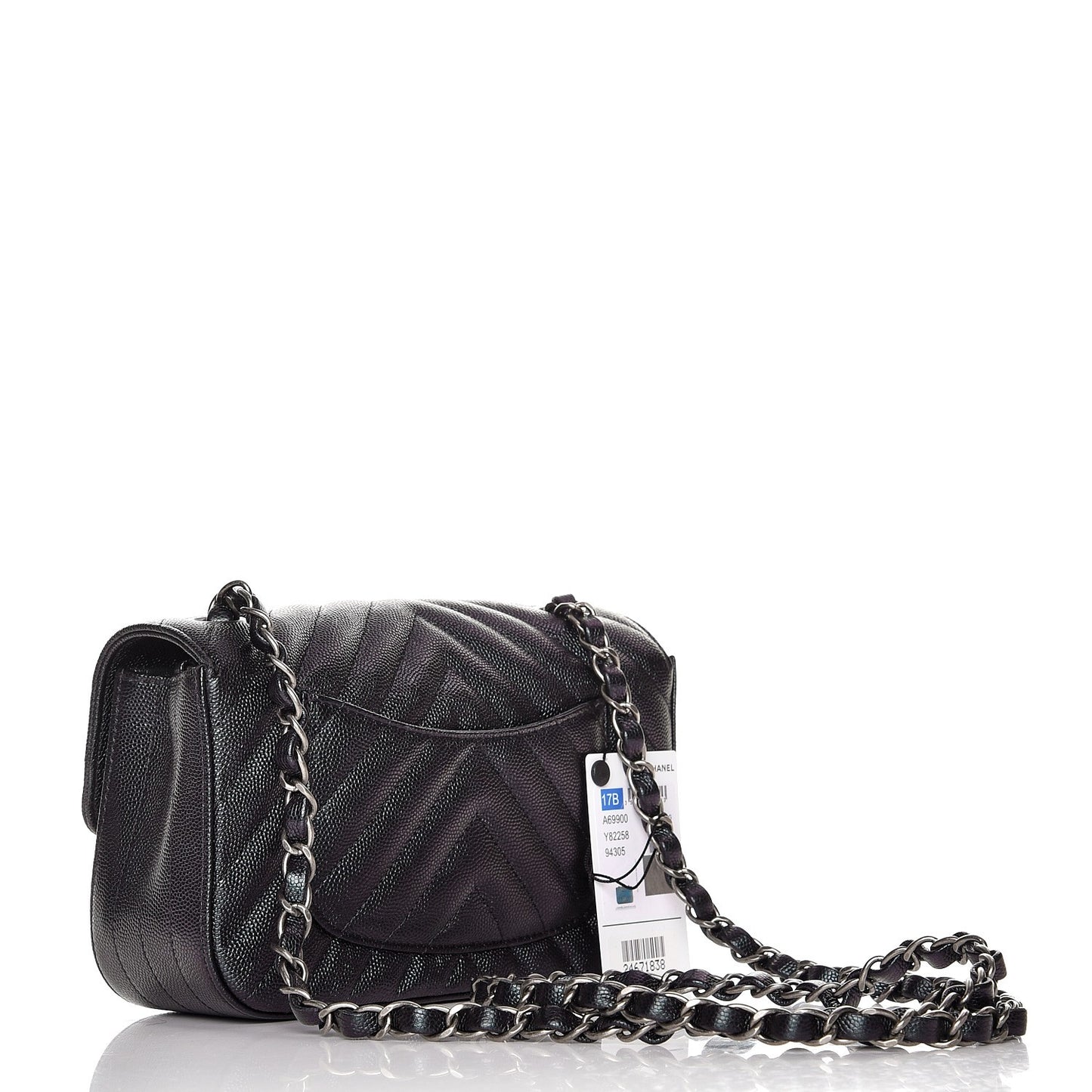 Metallic Caviar Chevron Quilted Mini Rectangular Flap Black