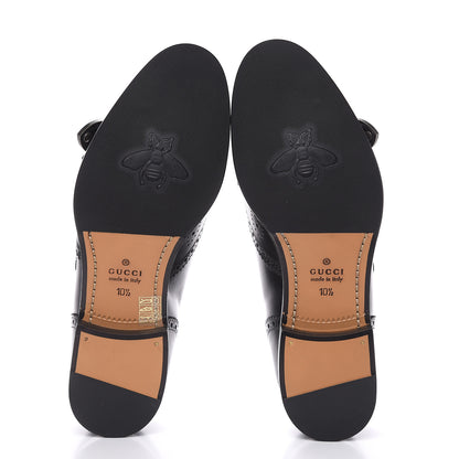 Gucci Calfskin Bee Embroidered Mens Queercore Brogue Wingtip Monk Strap Loafers 10.5 Black 7 of 14