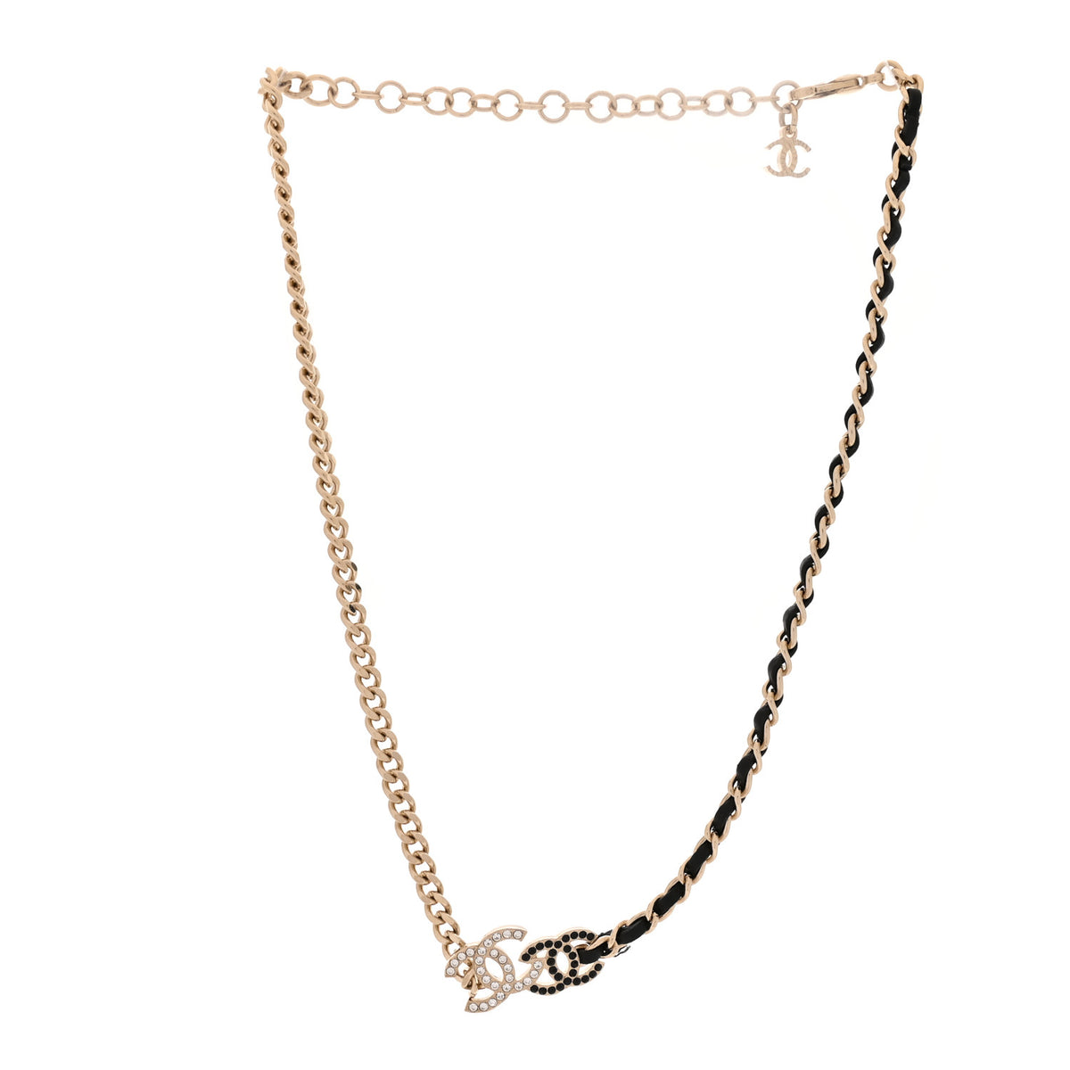 Chanel Metal Calfskin Crystal Double CC Short Necklace Black Gold 3 of 6