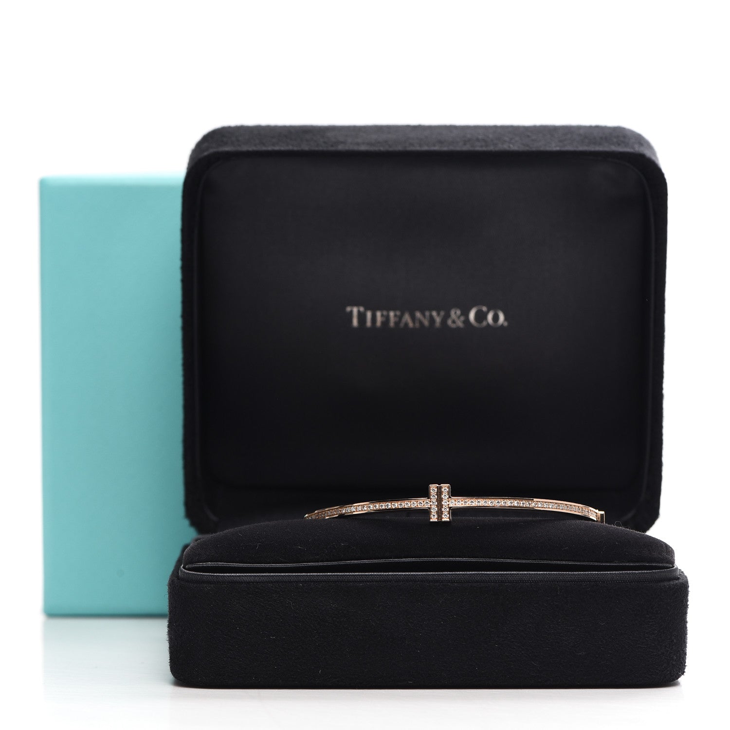 Tiffany 18K Rose Gold Diamond T Hinged Wire Bangle Bracelet 6 of 6