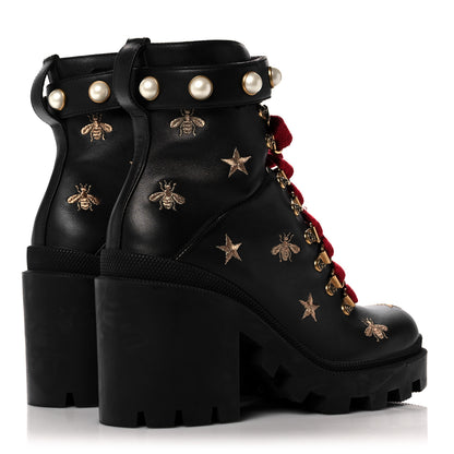 Gucci Calfskin Embroidered Lace Up Combat Ankle Boots 37 Black 4 of 14