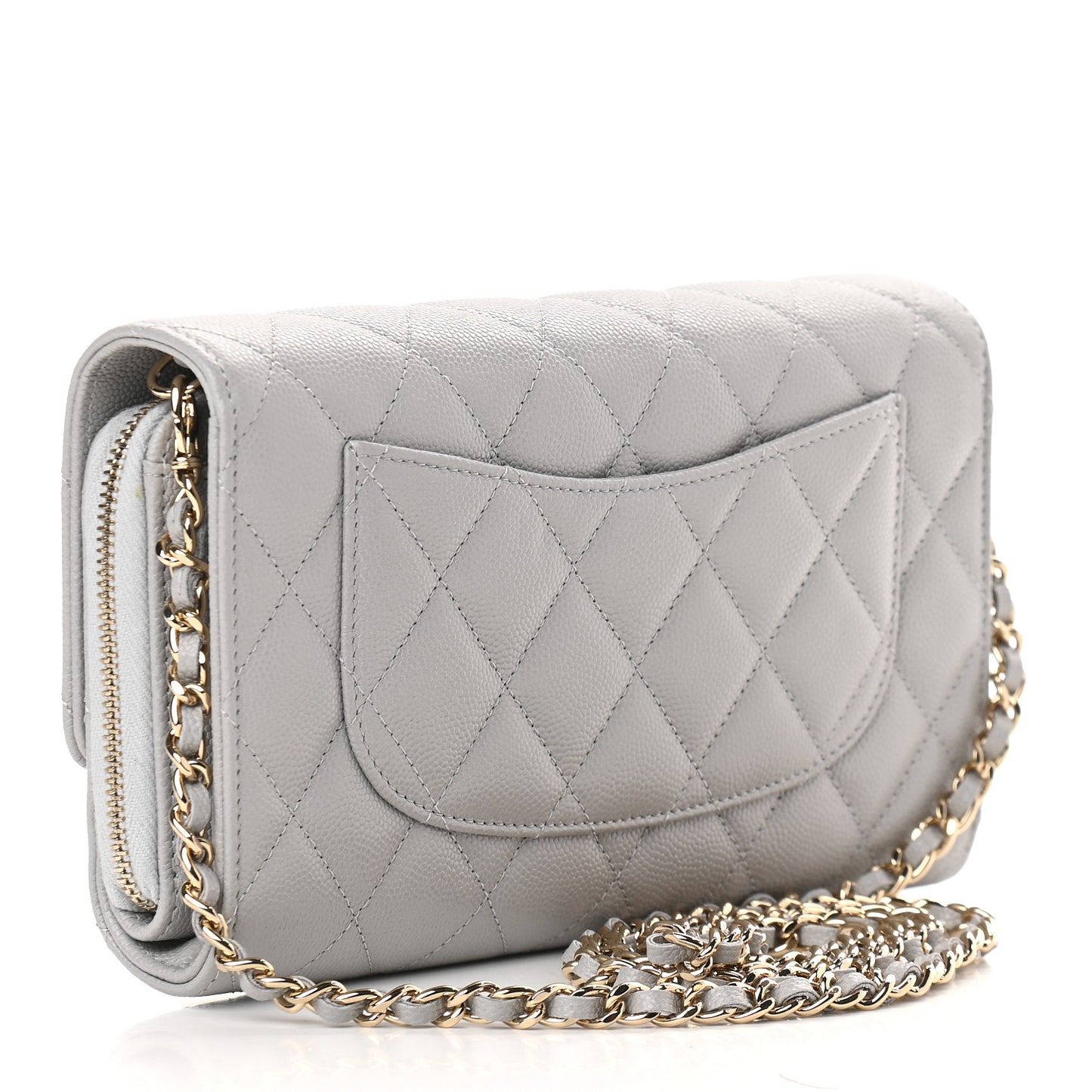Caviar Quilted Phone Holder Wallet on Removable Chain Grey