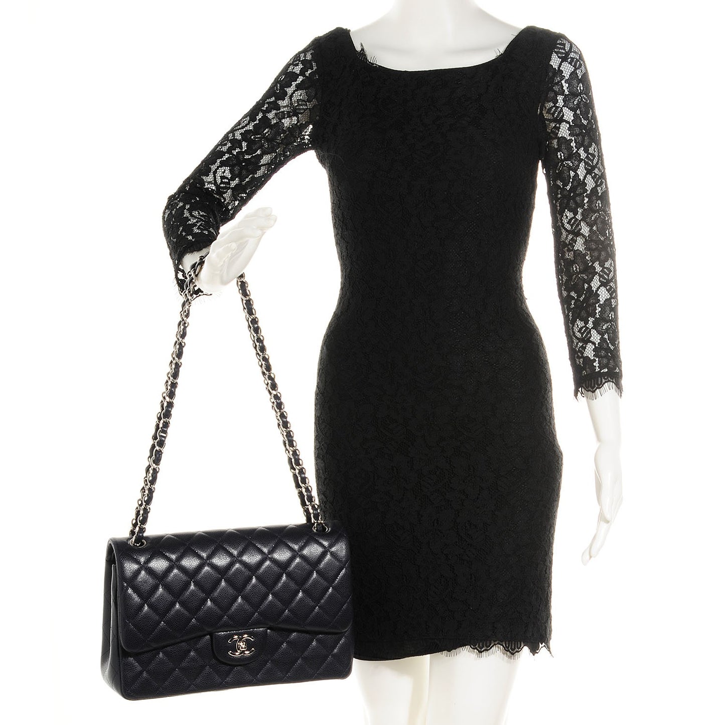 Caviar Quilted Jumbo Double Flap Navy Blue