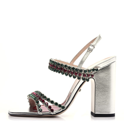 Gucci Nappa Silk Crystal Bertie High Heel Sandals 37 Argento 1 of 10