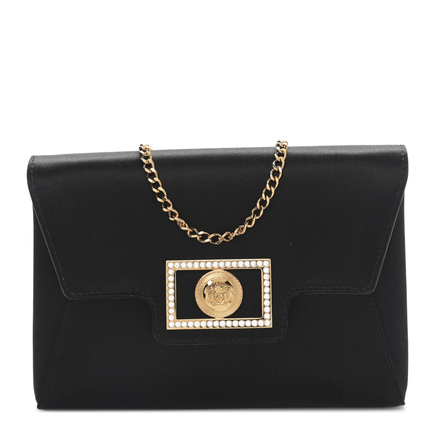 Satin Crystal La Medusa Pouch On Chain Black
