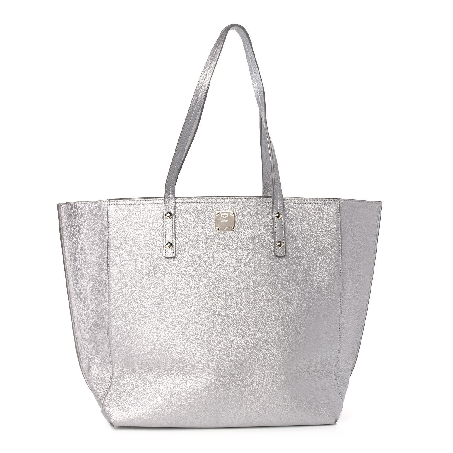 MCM Metallic Grained Calfskin Medium Top Zip Tote Spike Silver 1 of 13