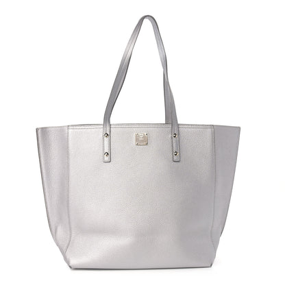 MCM Metallic Grained Calfskin Medium Top Zip Tote Spike Silver 1 of 13